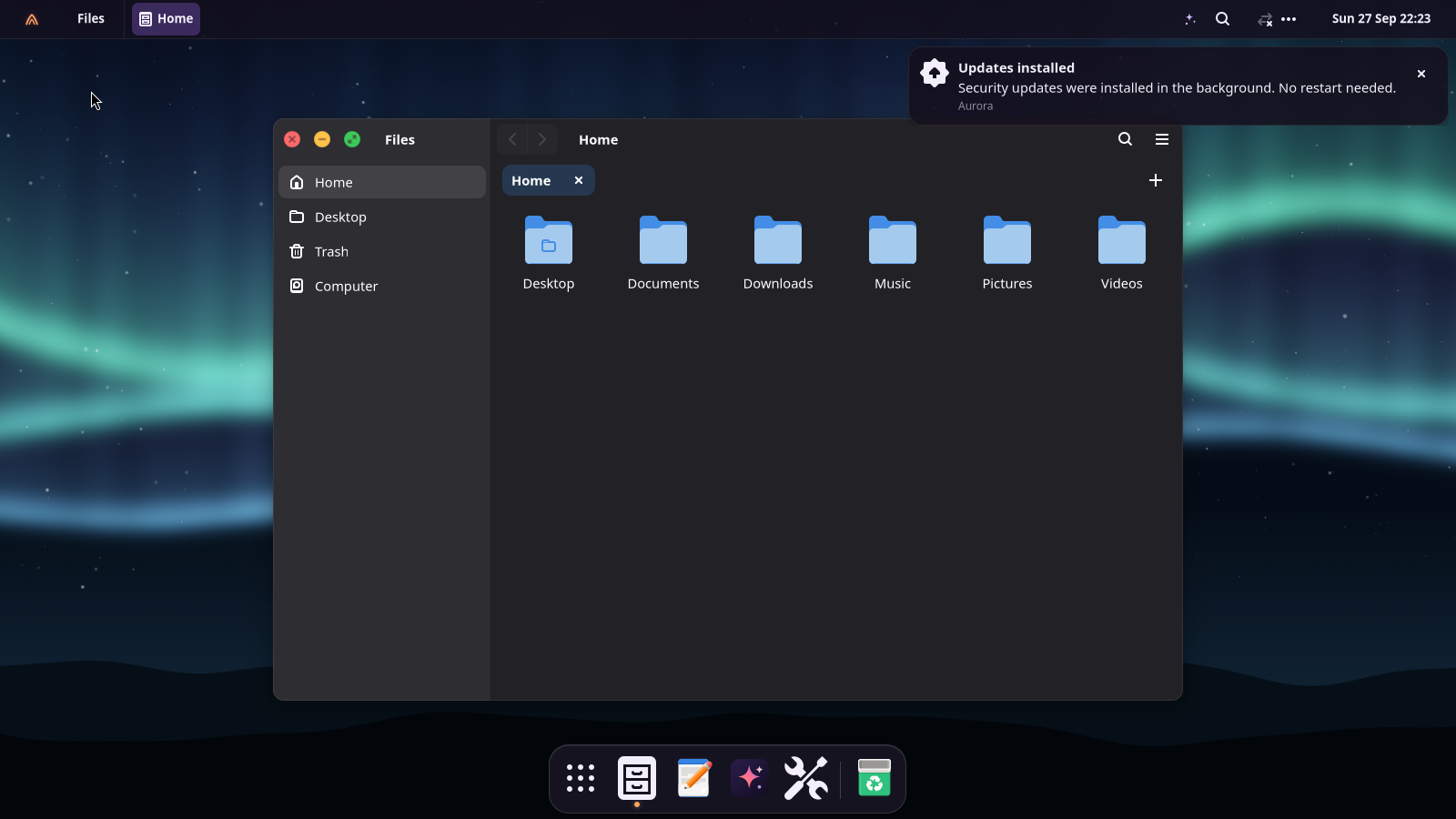 The Aurora OS desktop with its custom interface and application dock